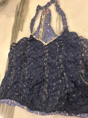 Free People Navy Blue with Lavender Lace-Trim Tank Top-M